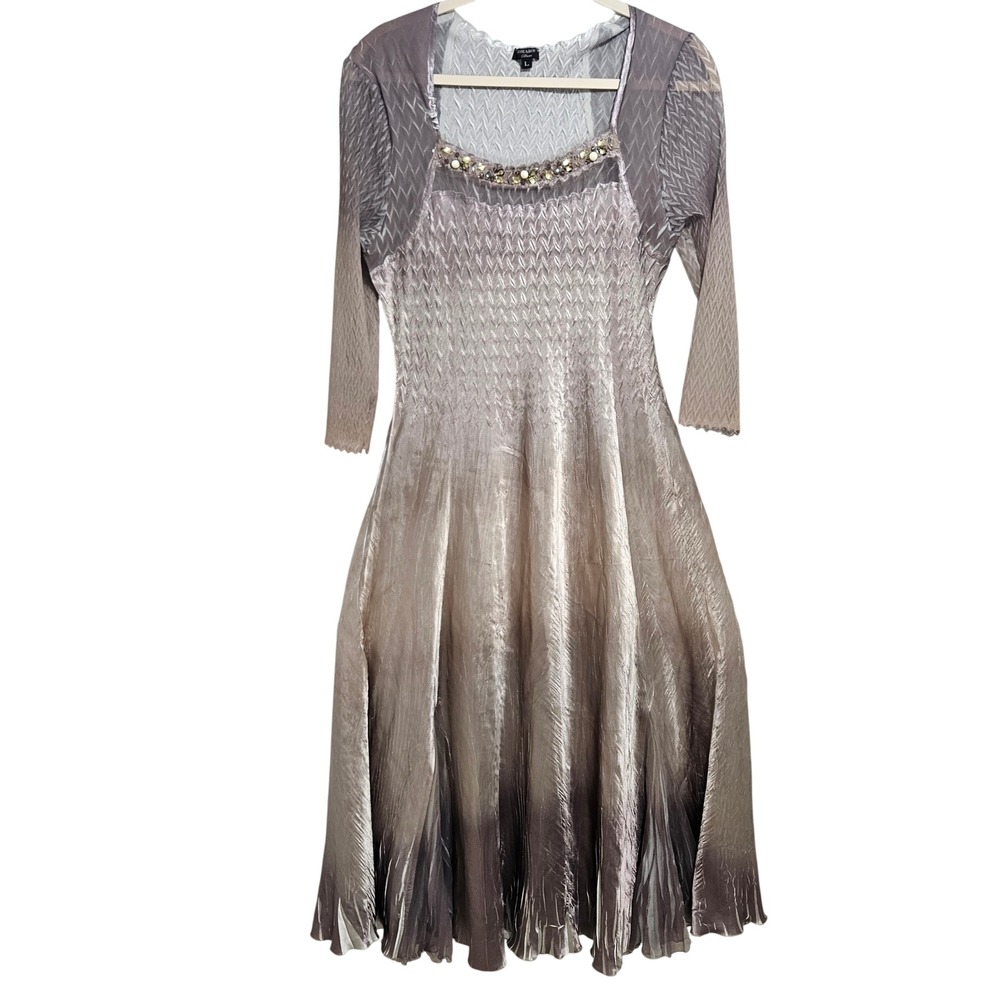 Komarov Satin Maxi Dress Crinkle Ombre Pleated Beaded Long Sleeve Formal Chic L